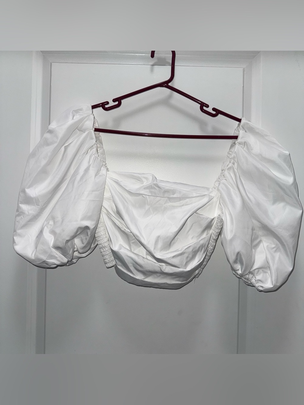 Amanda Uprichard White Puff Sleeve Crop Top with Ruched Bodice